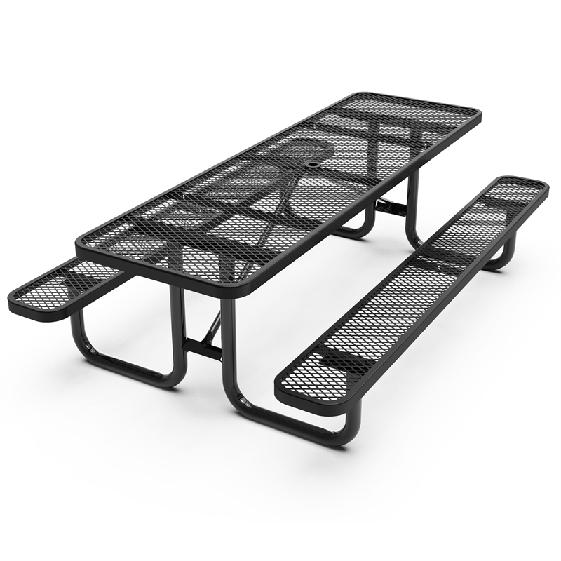 Commercial 8' Rectangular Expanded Mesh Metal Picnic Table with Anchors - Black