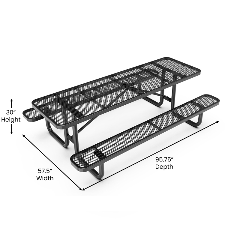 Commercial 8' Rectangular Expanded Mesh Metal Picnic Table with Anchors - Black
