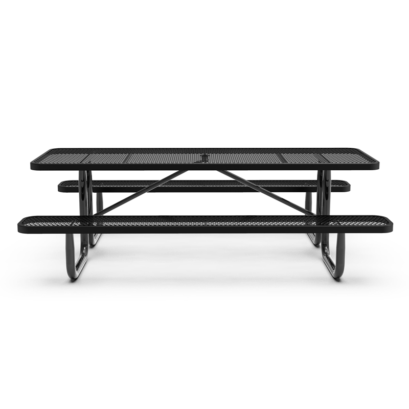 Commercial 8' Rectangular Expanded Mesh Metal Picnic Table with Anchors - Black