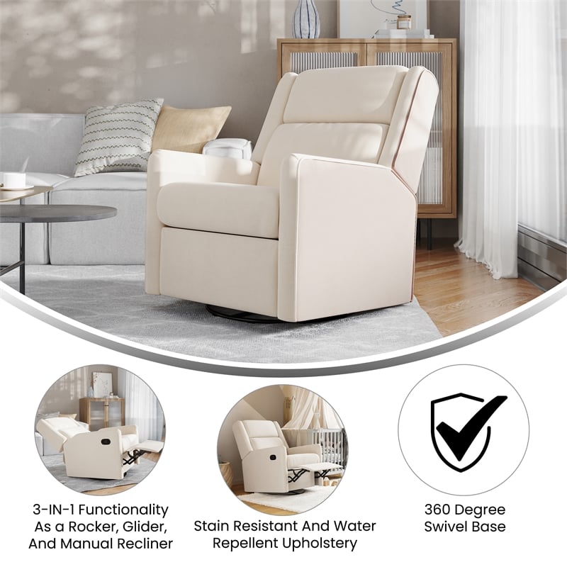 Manual Rocking Recliner Chair with 360 Swivel and Gliding Motion in Cream