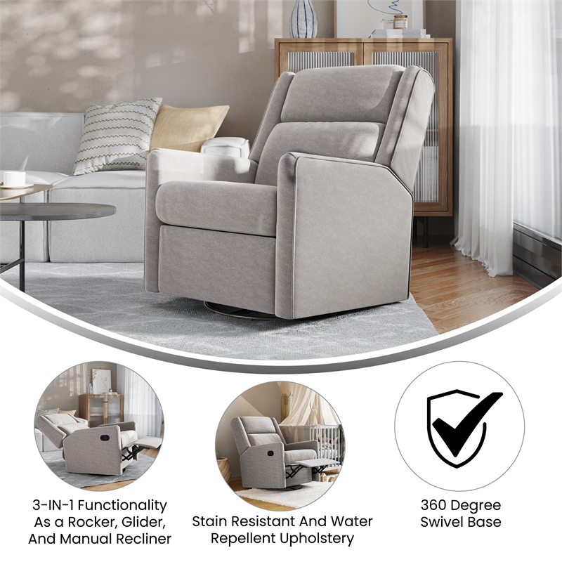 Manual Rocking Recliner Chair with 360 Swivel and Gliding Motion in Light Gray