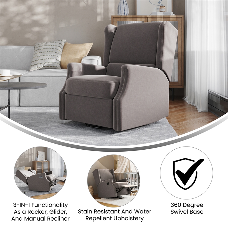 Wingback Manual Rocking Glider Recliner Chair with 360 Swivel in Dark Gray
