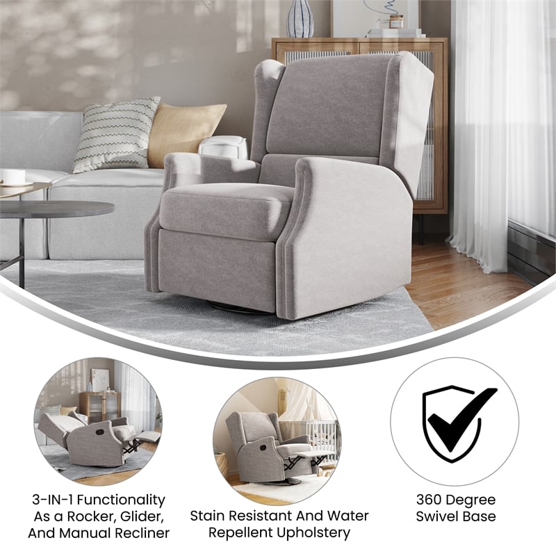 Wingback Manual Rocking Glider Recliner Chair with 360 Swivel in Light Gray