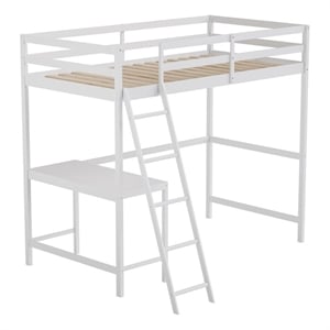 Twin Size Traditional Wood Slat Loft Bed with Integrated Desk & Ladder-White