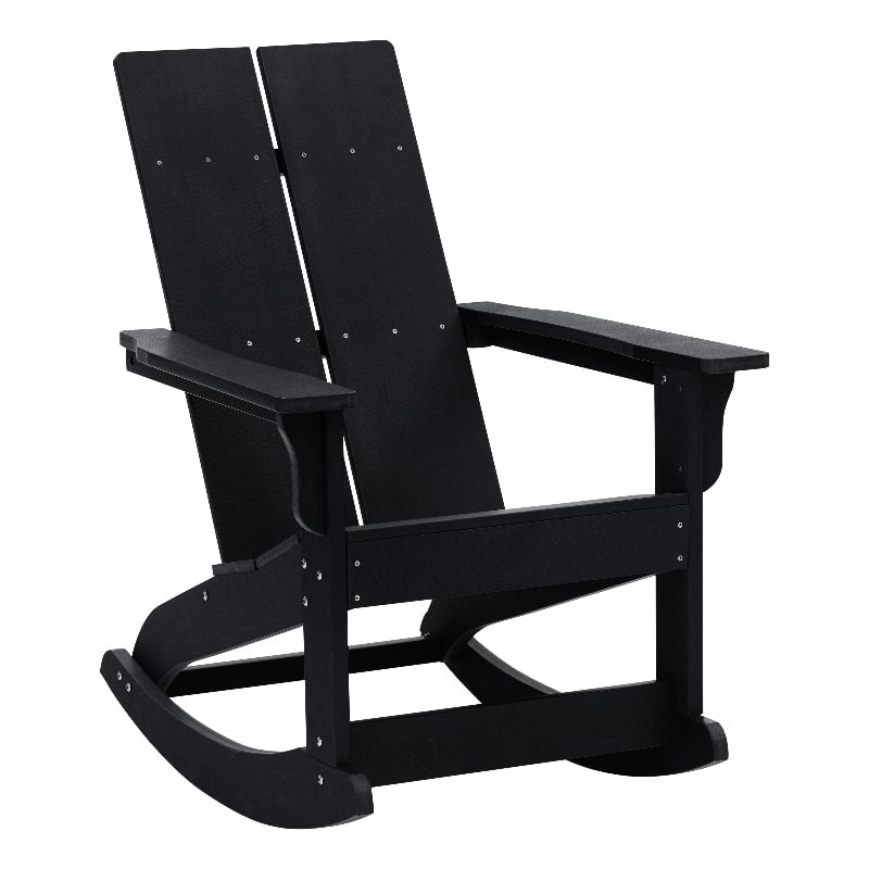 Modern 2-Slat Adirondack Poly Resin Rocking Chair for Indoor/Outdoor Use - Black