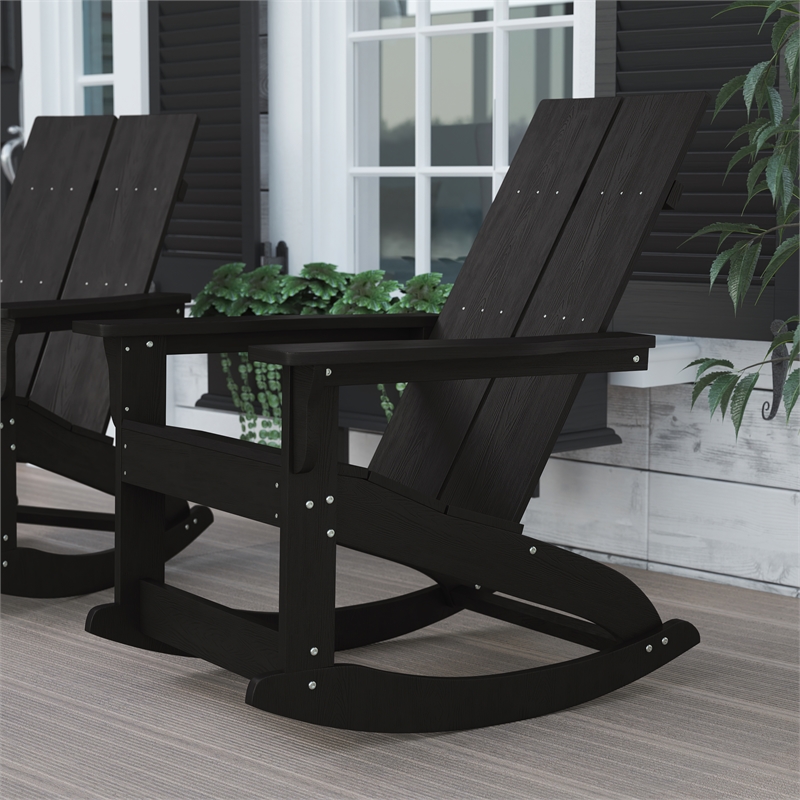 Modern 2-Slat Adirondack Poly Resin Rocking Chair for Indoor/Outdoor Use - Black