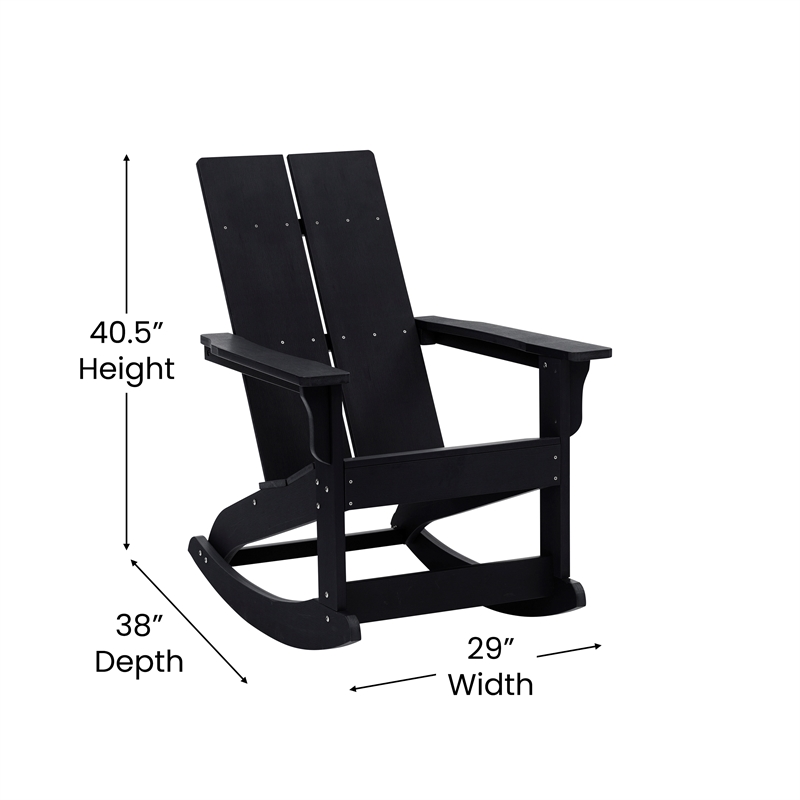 Modern 2-Slat Adirondack Poly Resin Rocking Chair for Indoor/Outdoor Use - Black