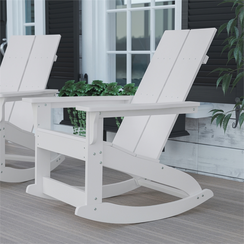 Modern 2-Slat Adirondack Poly Resin Rocking Chair for Indoor/Outdoor Use - White