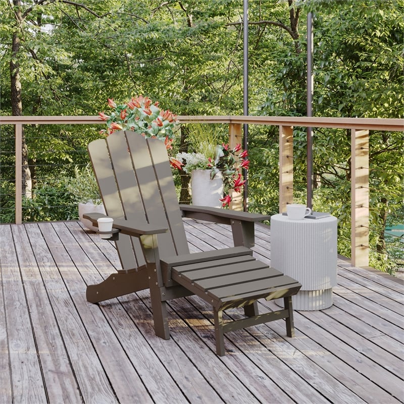 Commercial All-Weather Adirondack Chair with Pullout Ottoman & Cupholder - Brown