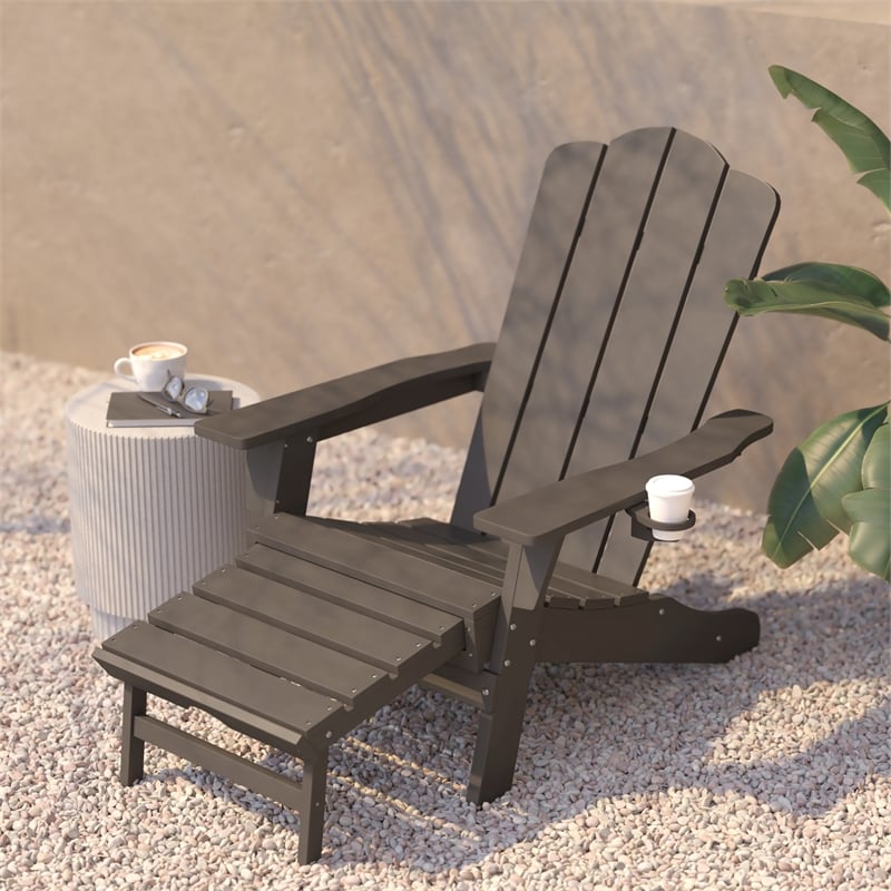 Commercial All-Weather Adirondack Chair with Pullout Ottoman & Cupholder - Brown