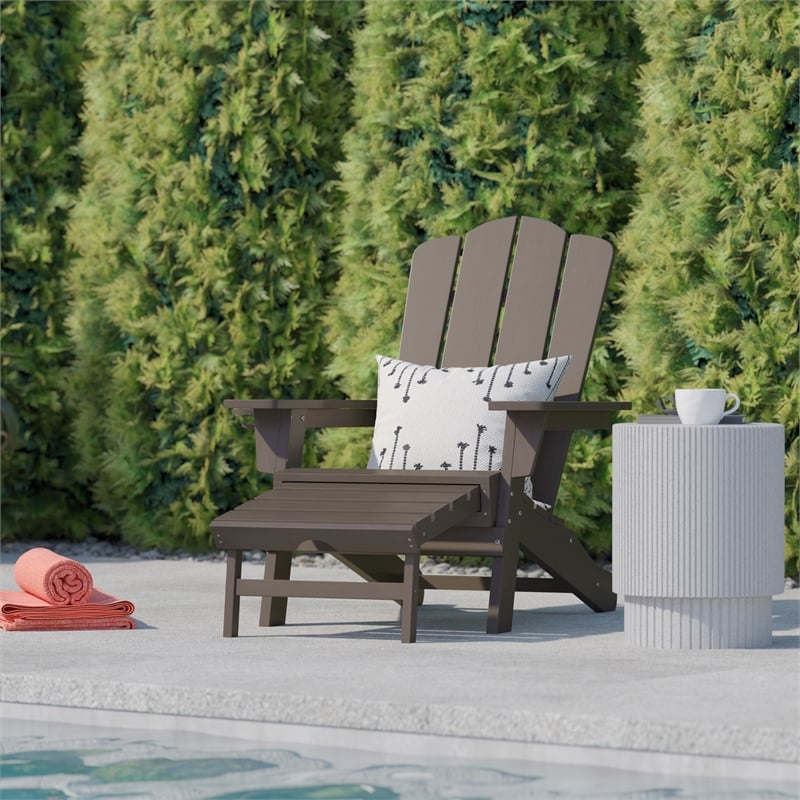 Commercial All-Weather Adirondack Chair with Pullout Ottoman & Cupholder - Brown