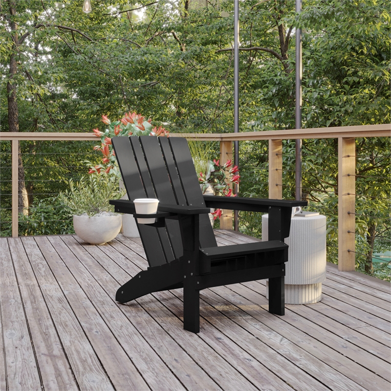 Commercial Grade All-Weather Adirondack Chair with Swiveling Cupholder - Black