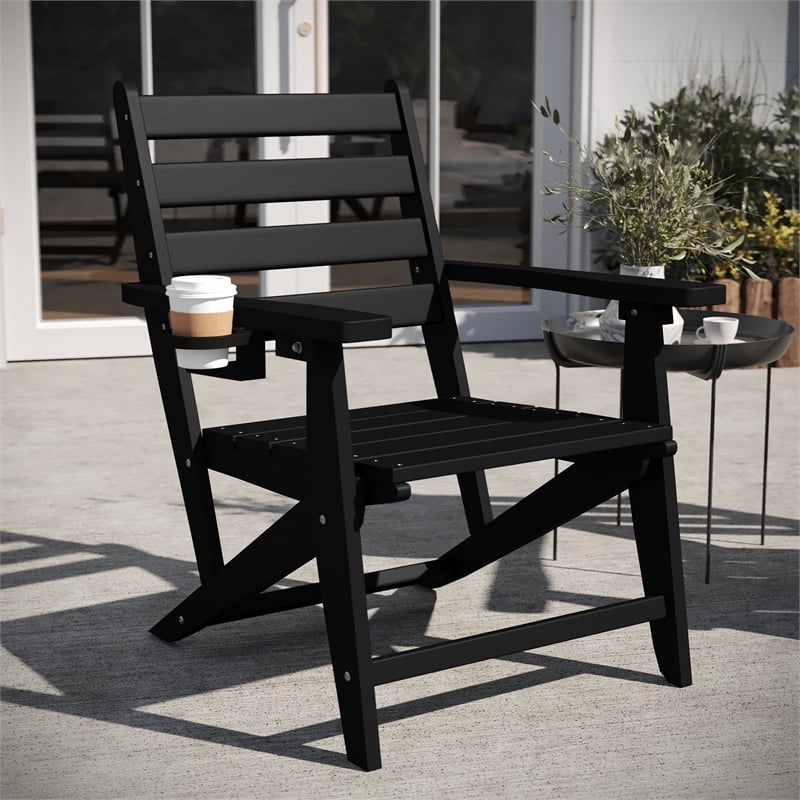 All-Weather Commercial Adirondack Dining Chair with Fold Out Cupholder - Black