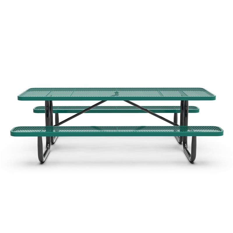Commercial 8' Rectangular Expanded Mesh Metal Picnic Table with Anchors - Green