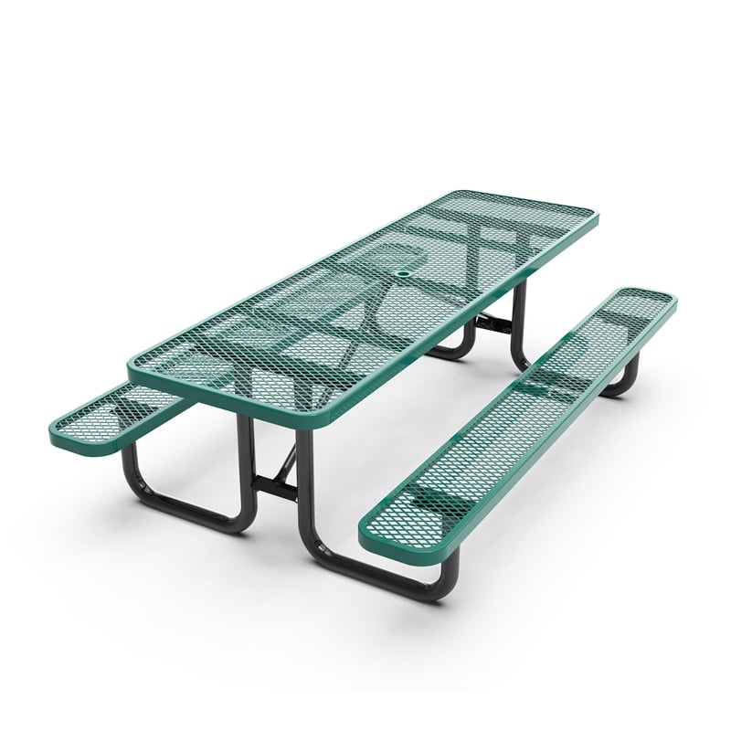 Commercial 8' Rectangular Expanded Mesh Metal Picnic Table with Anchors - Green