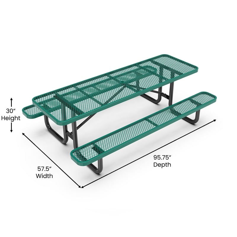 Commercial 8' Rectangular Expanded Mesh Metal Picnic Table with Anchors - Green
