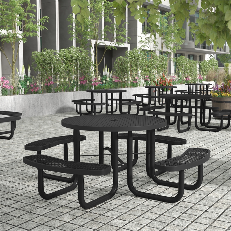 Commercial Grade 46 Inch Round Expanded Mesh Metal Outdoor Picnic Table - Black