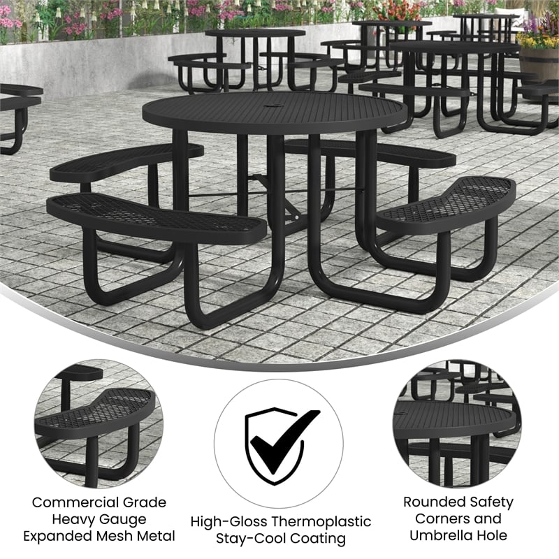 Commercial Grade 46 Inch Round Expanded Mesh Metal Outdoor Picnic Table - Black