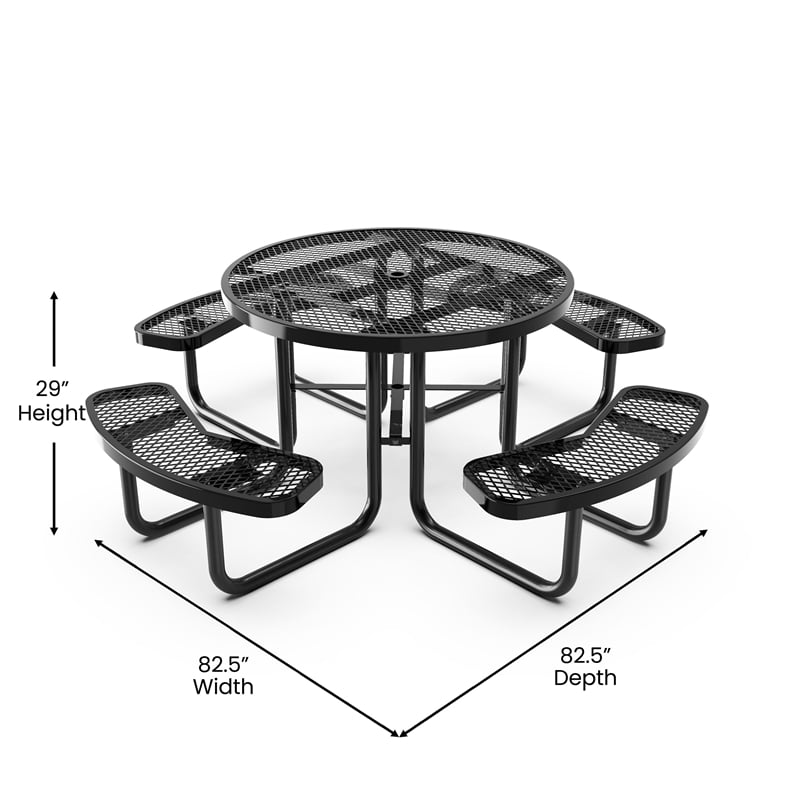 Commercial Grade 46 Inch Round Expanded Mesh Metal Outdoor Picnic Table - Black