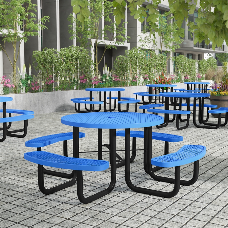 Commercial Grade 46 Inch Round Expanded Mesh Metal Outdoor Picnic Table - Blue