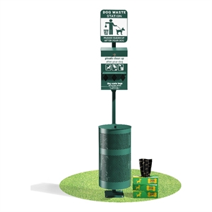 Pet Waste Station-Roll Bag Dispenser-Sanitizer Bottle-Trash Can with Lid-Green