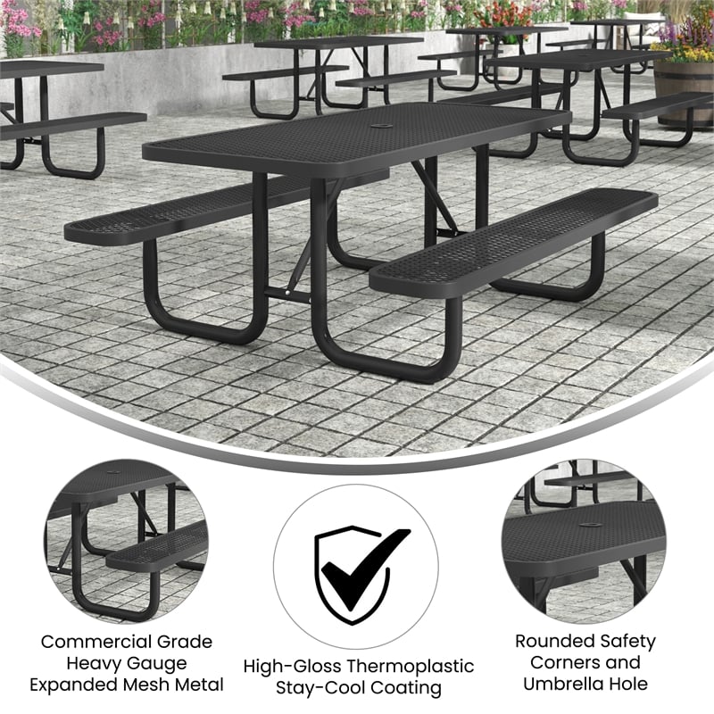 Commercial Grade 6' Rectangular Expanded Mesh Metal Outdoor Picnic Table - Black