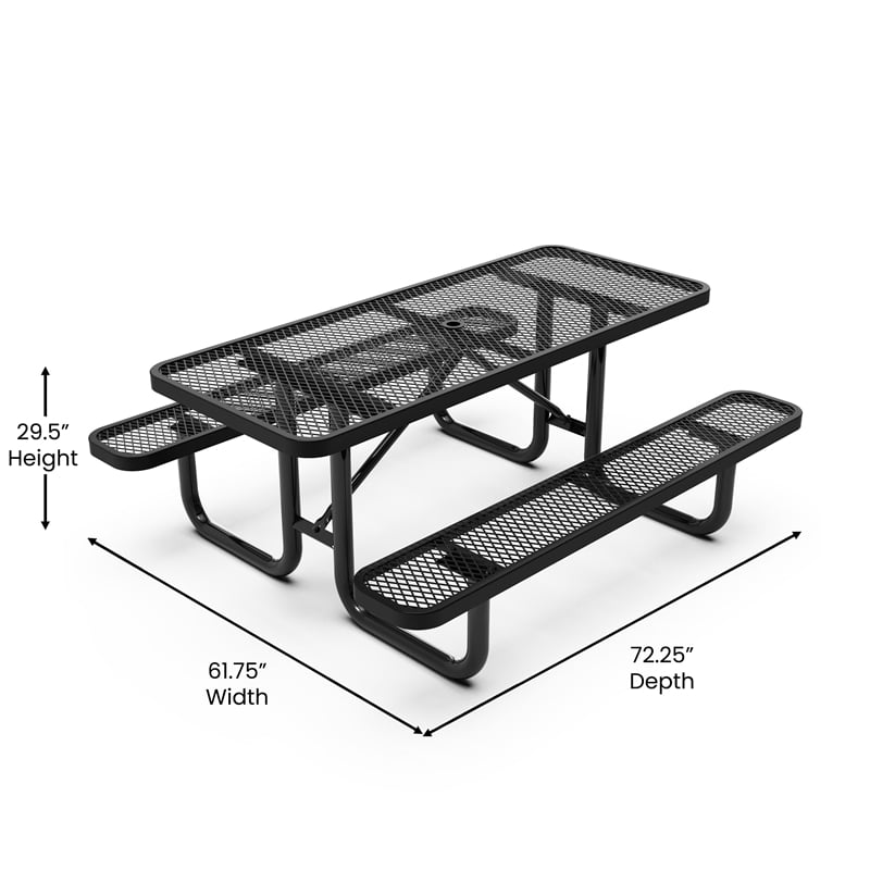 Commercial Grade 6' Rectangular Expanded Mesh Metal Outdoor Picnic Table - Black