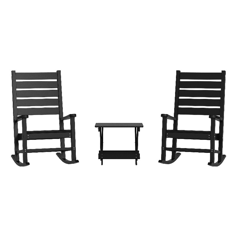 3pc Commercial Indoor/Outdoor Set with 2 Rocking Chairs and End Table in Black