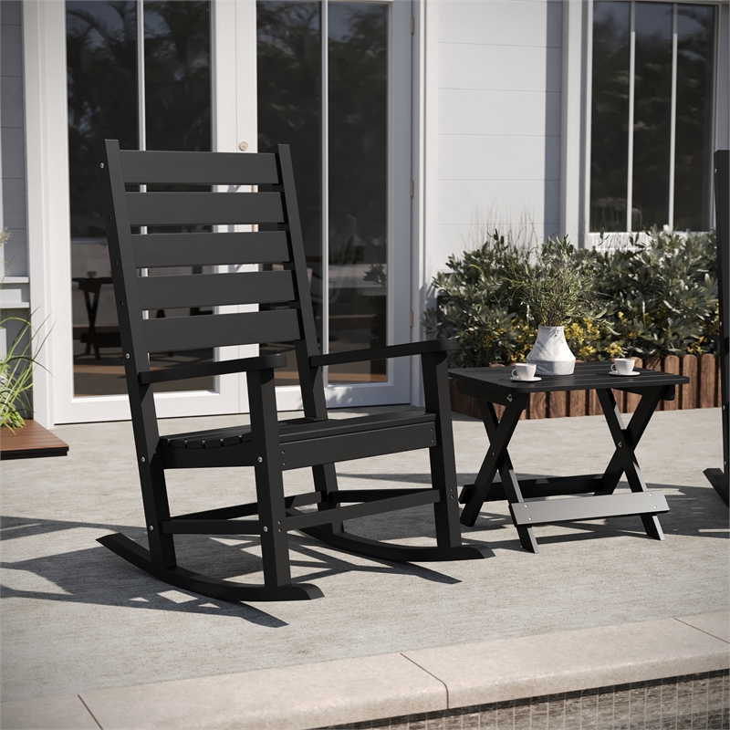 3pc Commercial Indoor/Outdoor Set with 2 Rocking Chairs and End Table in Black