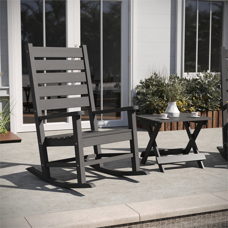3pc Commercial Indoor/Outdoor Set with 2 Rocking Chairs and End Table in Gray