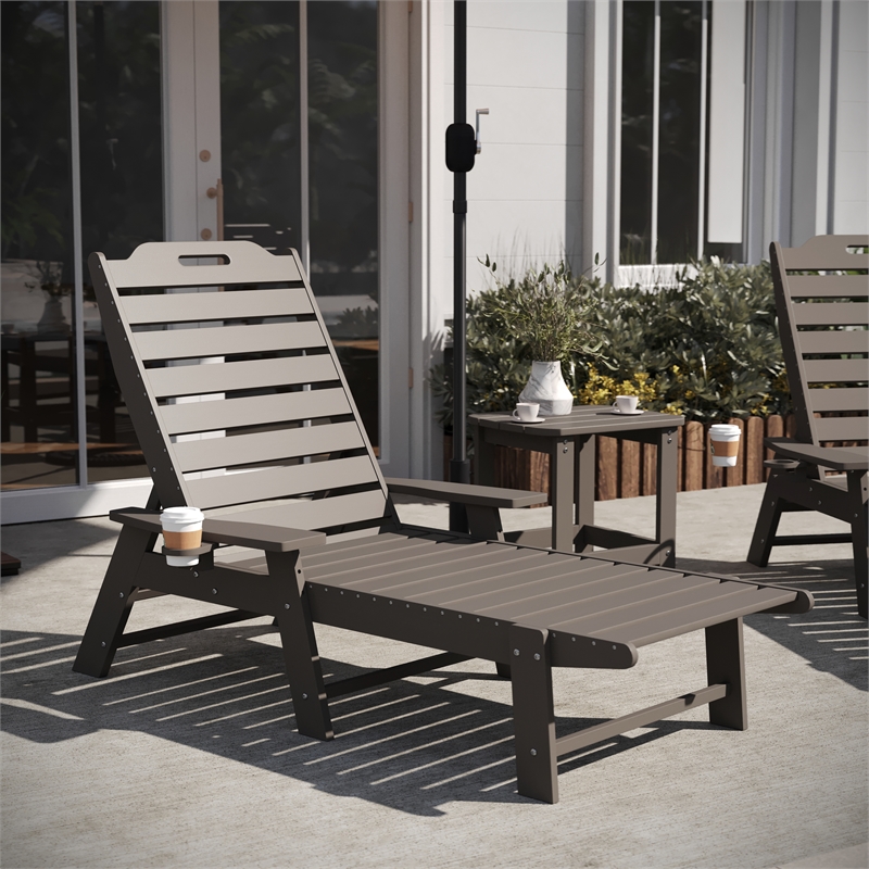 3pc Commercial Indoor/Outdoor Adirondack Set with 2 Loungers Side Table - Brown