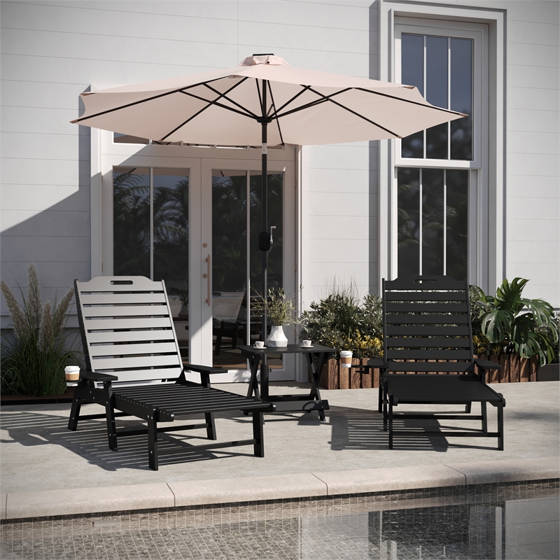 3pc Commercial Indoor/Outdoor Adirondack Set with 2 Loungers Side Table - Black