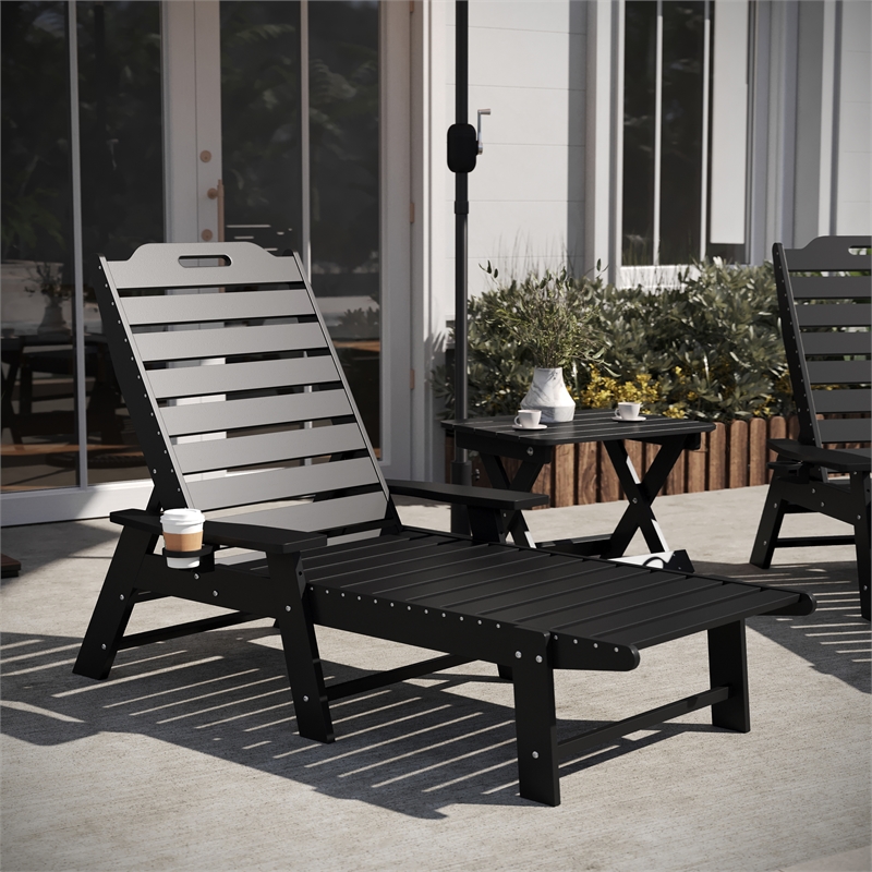 3pc Commercial Indoor/Outdoor Adirondack Set with 2 Loungers Side Table - Black