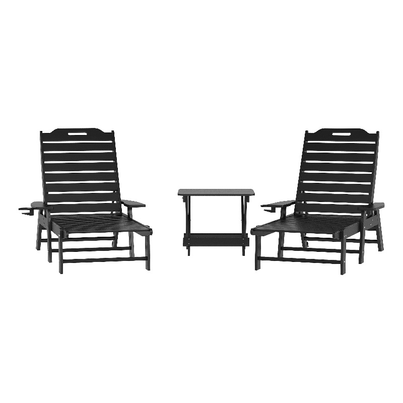 3pc Commercial Indoor/Outdoor Adirondack Set with 2 Loungers Side Table - Black