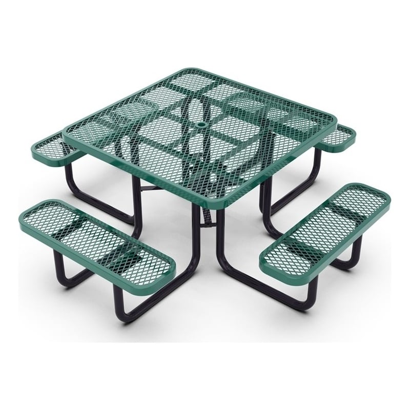 Commercial 46 Inch Square Expanded Mesh Metal Picnic Table with Anchors - Green