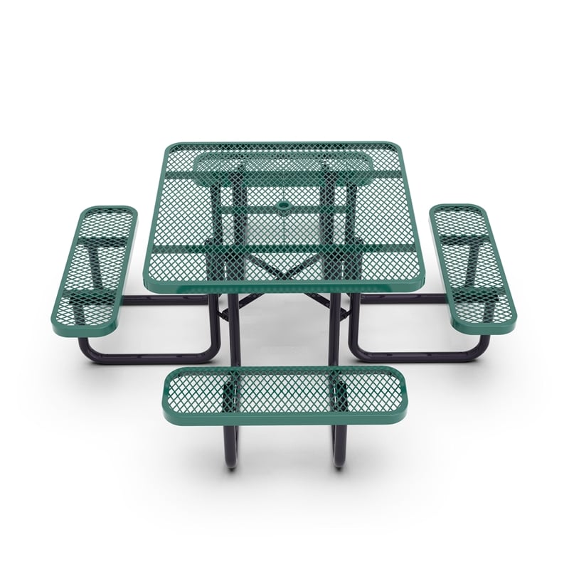 Commercial 46 Inch Square Expanded Mesh Metal Picnic Table with Anchors - Green