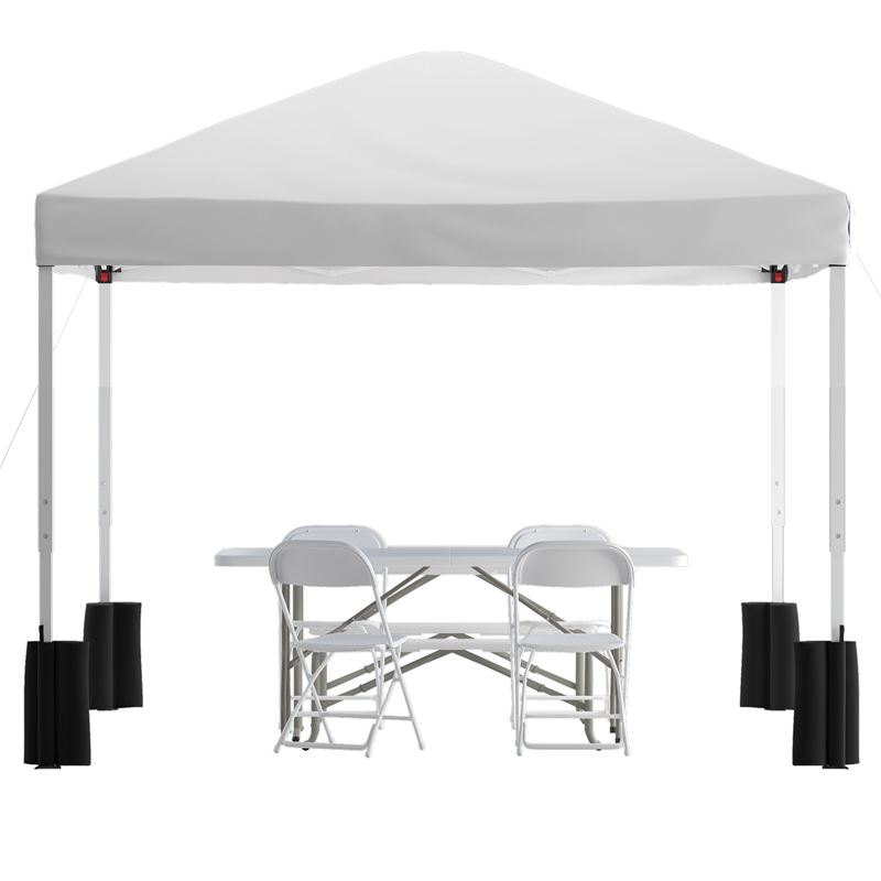 10' x 10' White Pop Up Canopy Folding Table and 4 White Folding Chairs Bundle