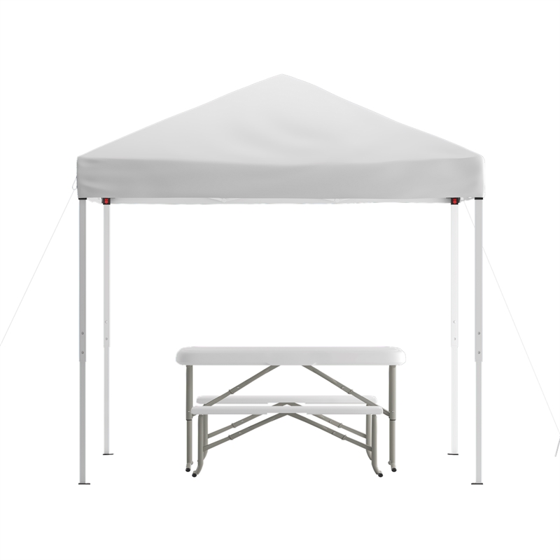 8' x 8' White Pop Up Canopy with Carry Bag and Folding Table with Benches Set