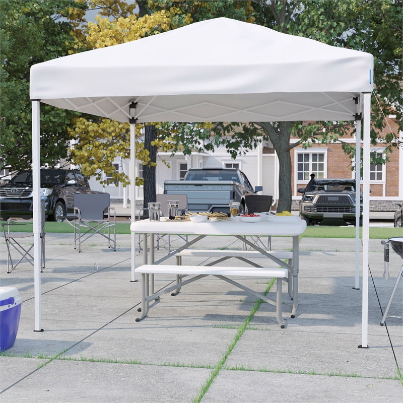 8' x 8' White Pop Up Canopy with Carry Bag and Folding Table with Benches Set
