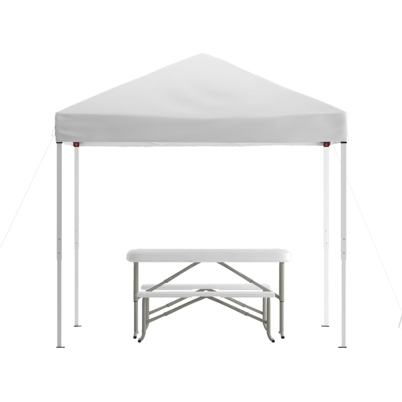 8' x 8' White Pop Up Canopy with Carry Bag and Folding Table with Benches Set