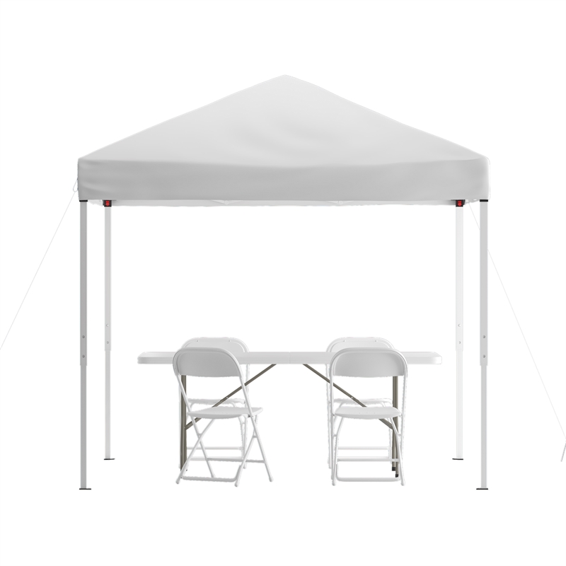 8' x 8' White Pop Up Canopy Folding Table and 4 White Folding Chairs Bundle