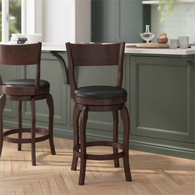 Commercial Espresso & Black LeatherSoft Wooden Swivel Counter Stools