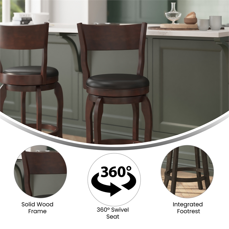 Commercial Espresso & Black LeatherSoft Wooden Swivel Counter Stools