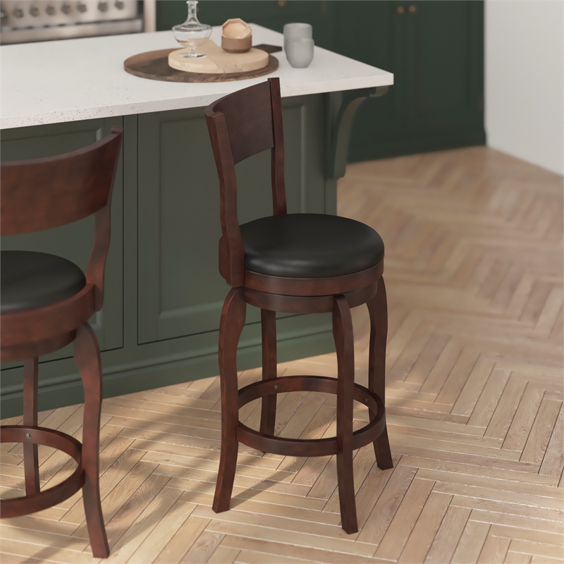 Commercial Espresso & Black LeatherSoft Wooden Swivel Counter Stools