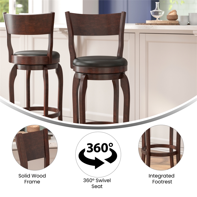 Commercial Espresso & Black LeatherSoft Wooden Swivel Bar Stools