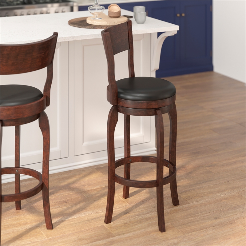 Commercial Espresso & Black LeatherSoft Wooden Swivel Bar Stools