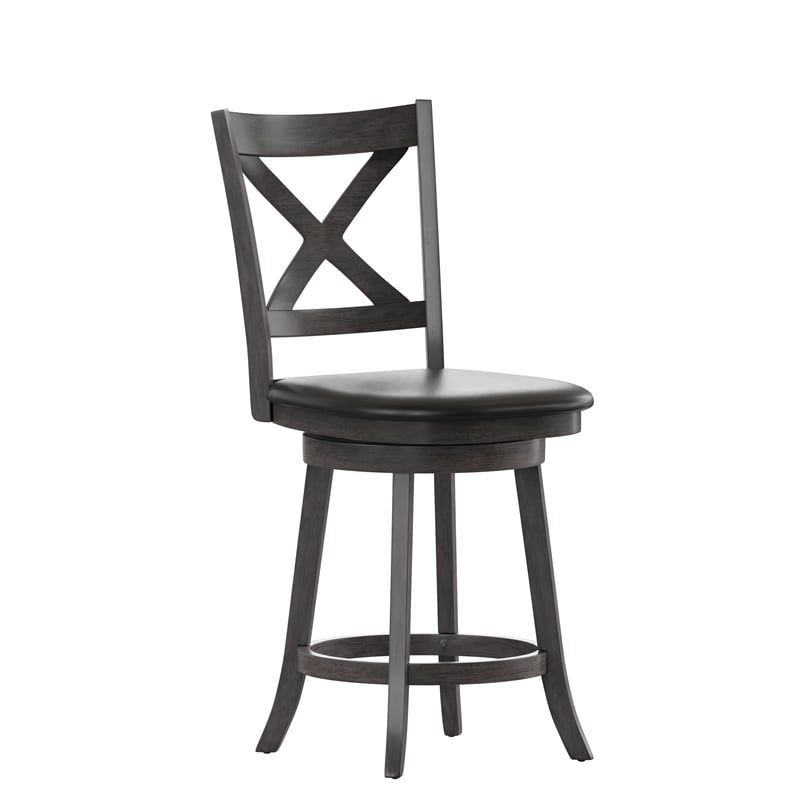 Commercial Wooden Swivel Counter Stools - Gray Wash Walnut/Black LeatherSoft