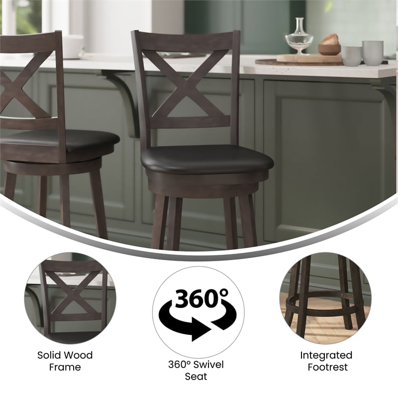 Commercial Wooden Swivel Counter Stools - Gray Wash Walnut/Black LeatherSoft