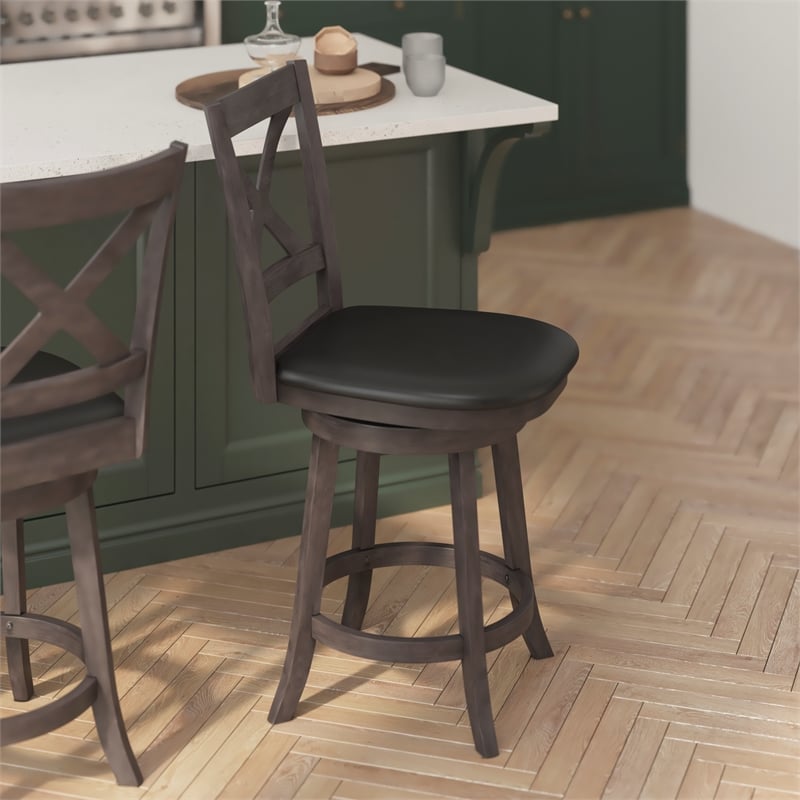 Commercial Wooden Swivel Counter Stools - Gray Wash Walnut/Black LeatherSoft