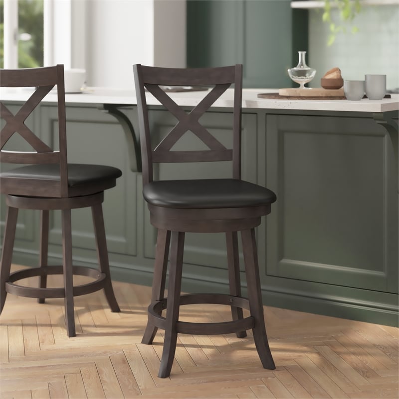 Commercial Wooden Swivel Counter Stools - Gray Wash Walnut/Black LeatherSoft